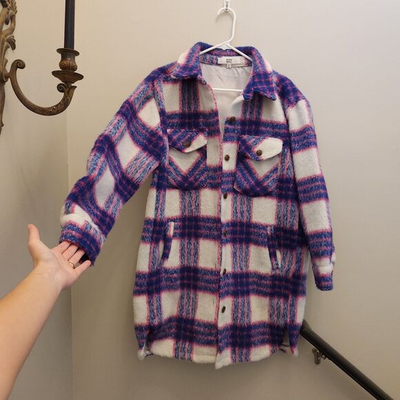 STEVE MADDEN NYC Pink & Blue Plaid Jacket Long Oversized Coat Shacket Sz M City - Picture 1 of 9